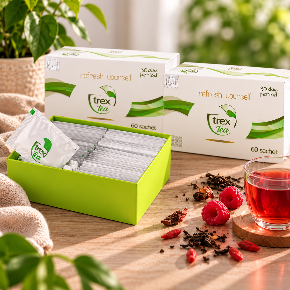 Lot de 3 TREXTEA avec boîte ouverte et sachets de thé